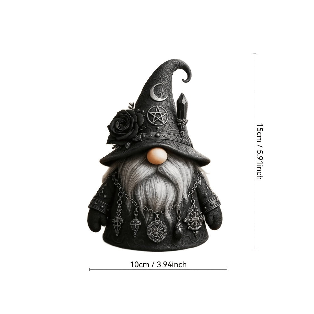 Resin Figurine Gothic Elf Dwarf Statue ¨C Vintage Fantasy Desktop Ornament with Crescent Pentagram Black Rose Gray Beard ¨C Mysterious Collectible Sculpture for Home Office Shelf Decor Gift