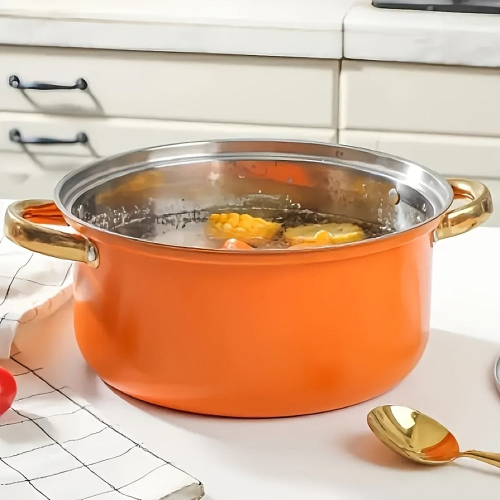Stainless Steel Non-Stick Cookware Set 10/12pcs, 316 Grade Steel Frying Pan, Stockpot & Milk Pot with Lid, Multi-Functional Kitchen Cooking Set in Gold, Pink & Orange