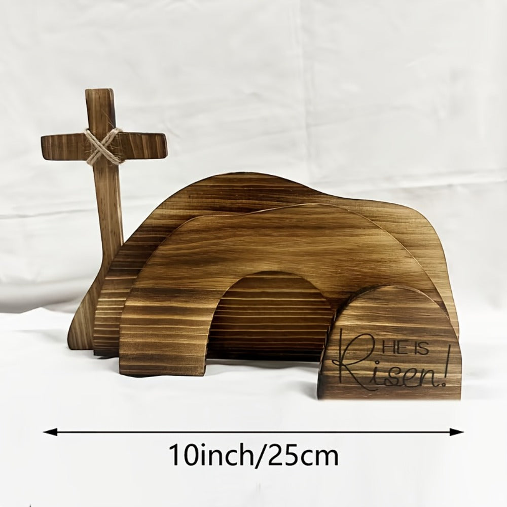 Easter Cross Decoration Wood He Is Risen Wooden Tomb Easter Resurrection Scene for Tray, Tabletop & Shelf ¨C Religious Nativity Decor for Home & Office