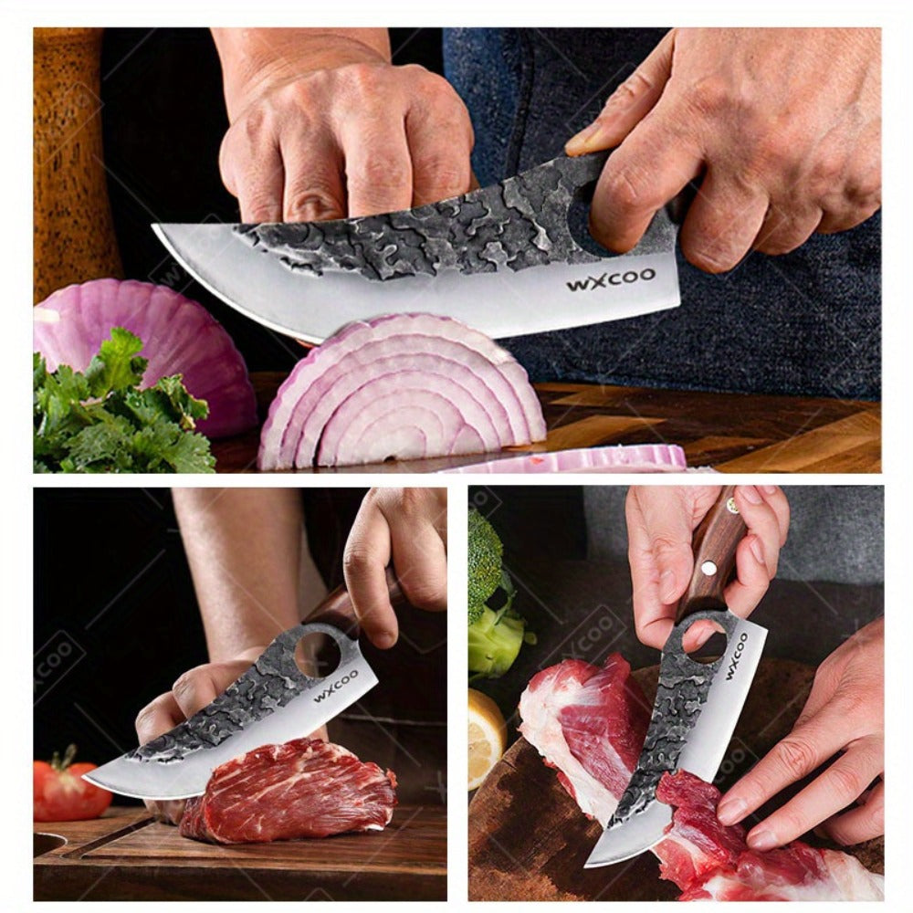 Viking Chef Knife Set 3/4pcs Hammered Stainless Steel Kitchen Knives ¨C Boning, Utility & BBQ Knife with Wooden Handle for Cooking, Camping & Outdoor