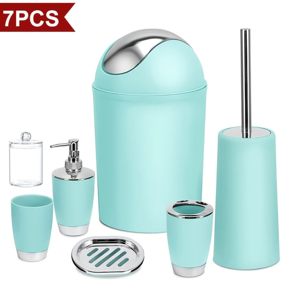 Bathroom Accessory Set 7 Piece - Luxury Modern Complete Bath Set with Trash Can Toilet Brush Lotion Dispenser Soap Dish Mouthwash Cup Toothbrush Holder | Space Saving Easy Clean Housewarming Gift 7 Colors
