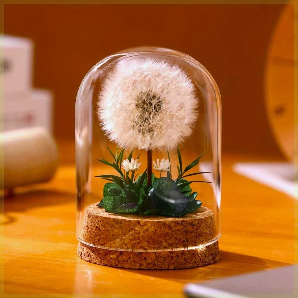 Glass Dome Preserved Dandelion Flower Arrangement - Eternal Floral Keepsake Display Case for Home Office Desk Decor, No Electricity Needed