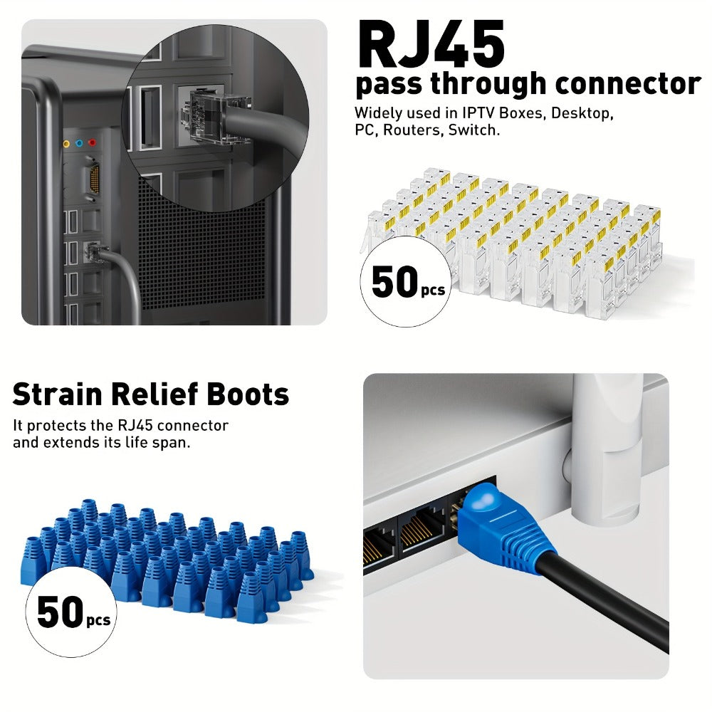 RJ45 Crimping Tool Kit Ethernet - CAT5/CAT5e/CAT6 Pass Through Crimper with Cable Tester, Wire Stripper, Pliers, Spare Blades, 50pcs CAT6 Connectors & Strain Relief Boots, Network Cable Kit