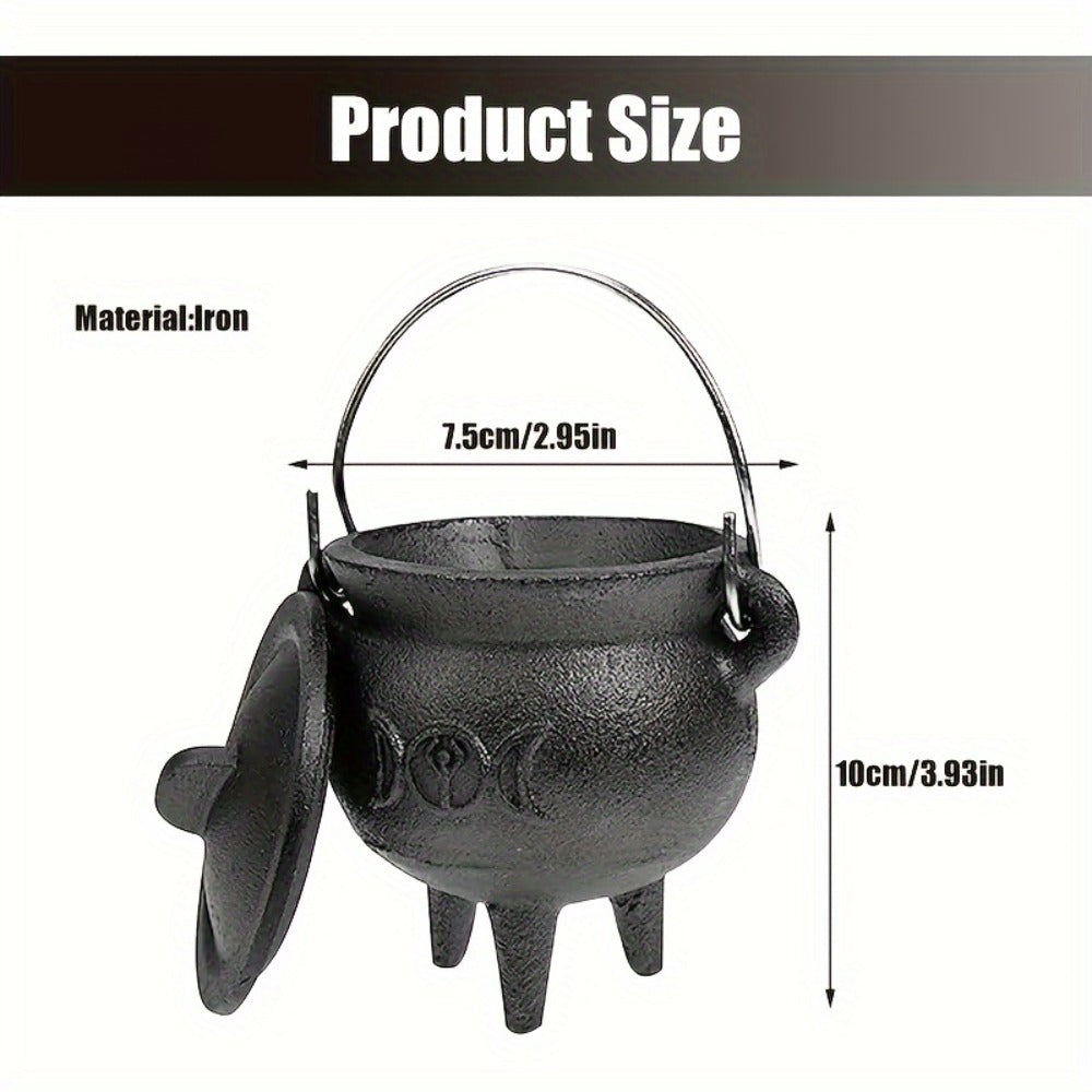 Cast Iron Cauldron with Lid & Handle ¨C Witchcraft Incense Burner, Spell Ritual Pot, Halloween Decor, Pentagram & Triple Moon Styles, Pagan Altar Cauldron