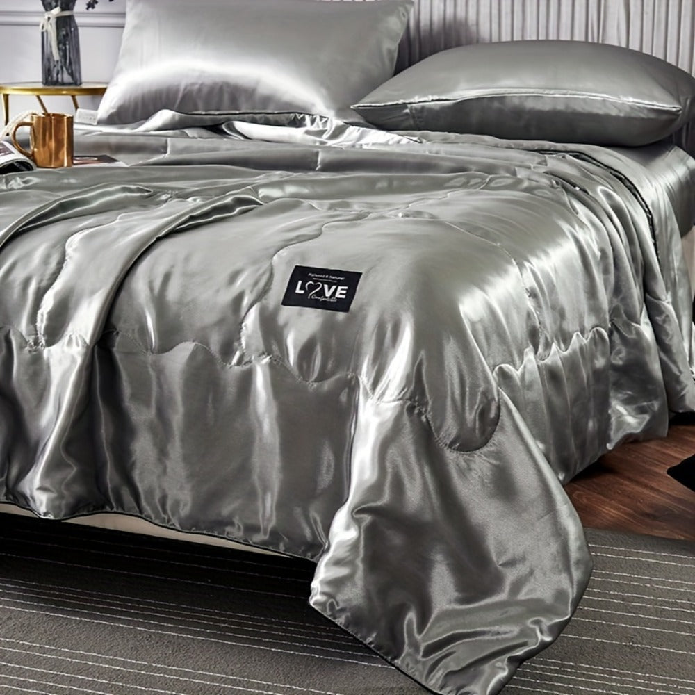 Cooling Satin Quilt Summer Comforter Ultra-Soft Breathable Lightweight Blanket, Machine Washable Satin Weave Bedspread for Home Dorm Hotel, Twin Full Size, White Silvery Grey Pink Lake Blue