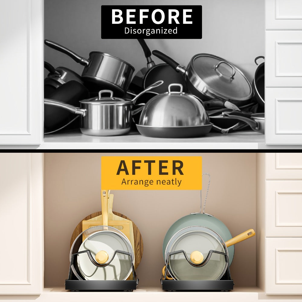 Pull Out Pot and Pan Organizer for Cabinet - Sliding Lid Rack with 8 Adjustable Dividers for Kitchen Cabinet Storage, Drill-Free Installation Pan Holder for Lids Baking Sheets and Cookware, Available in 1 or 2 Pack in Black or White