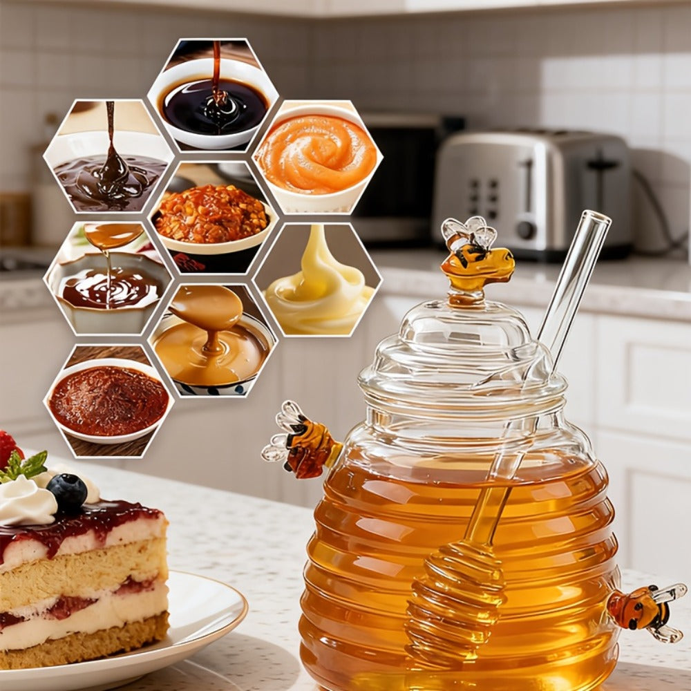 Glass Honeycomb Honey Jar with Lid and Stirrer | 480ml High Borosilicate Transparent Storage Container for Home Kitchen Wedding Party