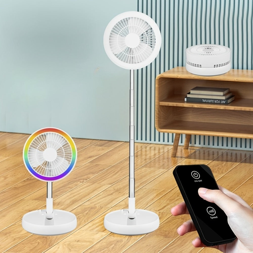 Portable Fan Foldable USB Rechargeable 3600mAh | 4-Speed Remote Control Tower Fan with 7-Color Ambient LED Light Low Noise | Expandable Cordless Fan for Office Bedroom Travel Camping Dorm | Pink White