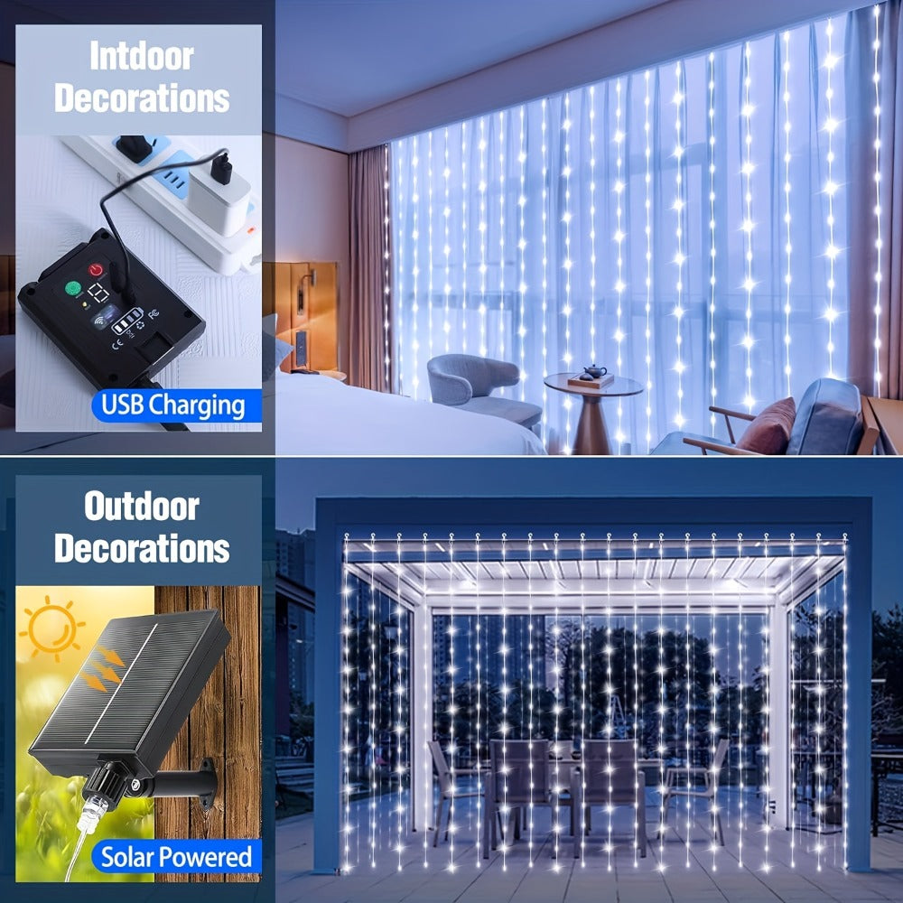 Solar Curtain Lights Outdoor 300 LED Waterfall Fairy String Lights with 8 Modes Remote Control USB Rechargeable Dimmable Timer for Christmas Gazebo Party Wedding Window Decor