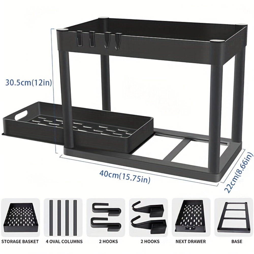 Under Sink Organizer Set of 2 ¨C Dual Tier Sliding Basket Drawers with 8 Hooks Kitchen Bathroom Cabinet Storage