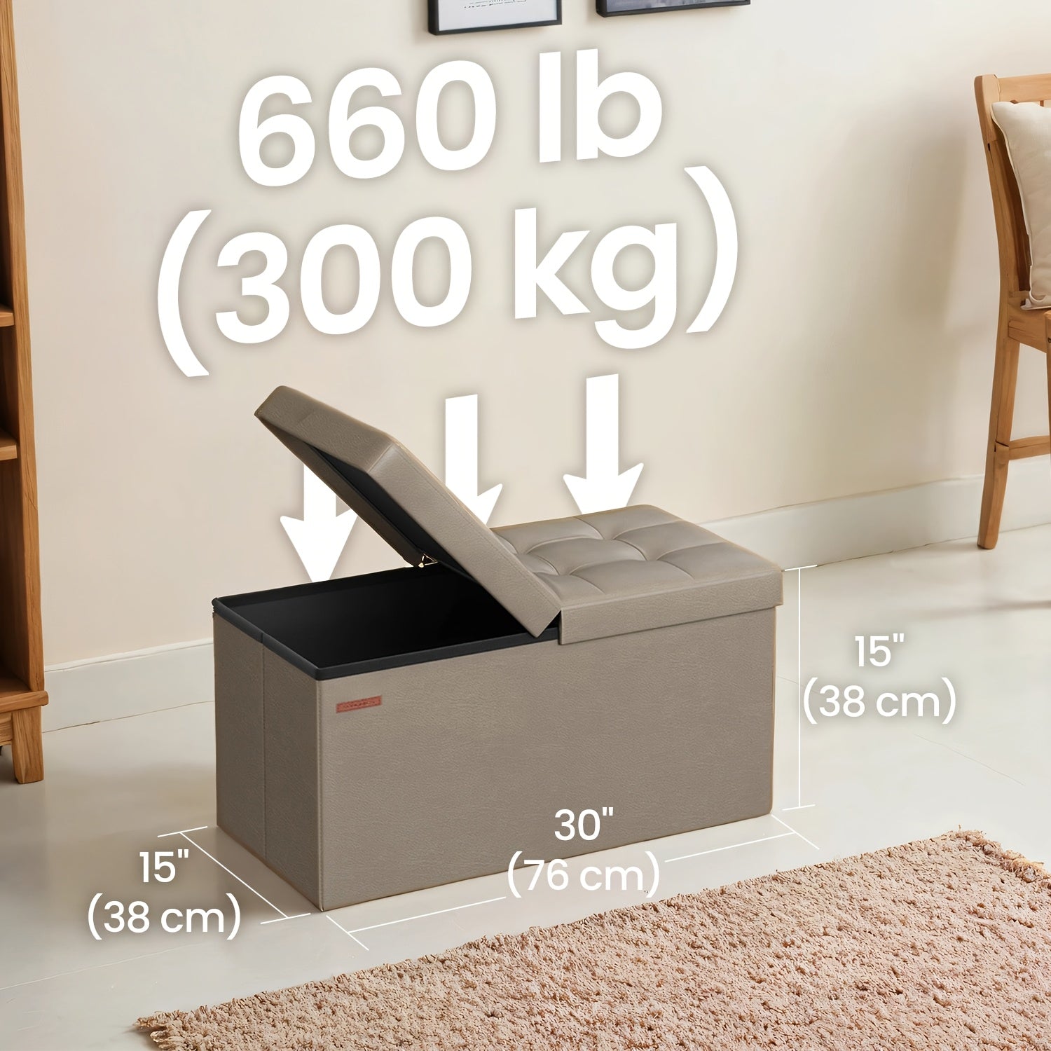 Storage Ottoman with Flip Top Lid 660lbs ¨C Foldable Faux Leather Chest Stool, 30¡± Wide Extra Seating & Blanket Storage for Entryway, Living Room & Bedroom