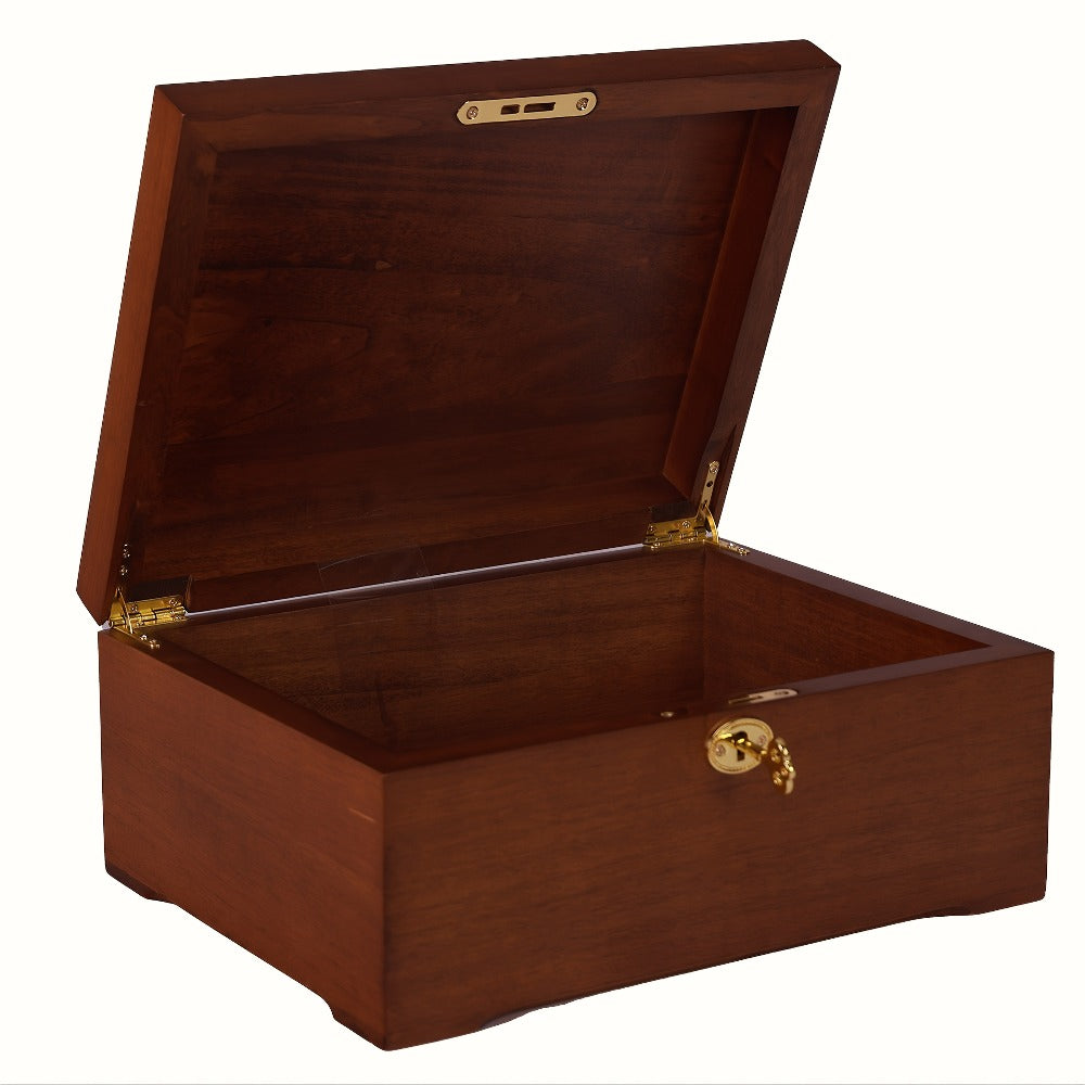 Wooden Jewelry Box with Lock Handcrafted Vintage Wood Storage Chest Hinged Lid Key Lock Multipurpose Organizer Keepsakes Home Office Decor 11x8.5x5.25 Inch