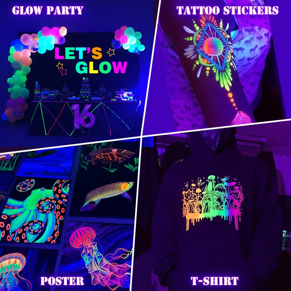UV Black Light Flood Light 144 LED 385-400nm with USB Plug & Switch ¨C Glow in the Dark Effect for Halloween Party Stage Lighting Body Paint Neon Poster Blacklight, Durable Plastic, 4 Pack
