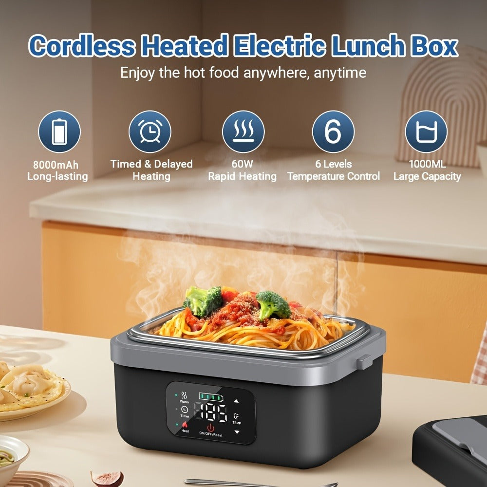 Self-Heating Lunch Box Electric Cordless Food Warmer 1L Portable Rechargeable Heated Lunch Box for Office Car Outdoor 8000mAh Battery