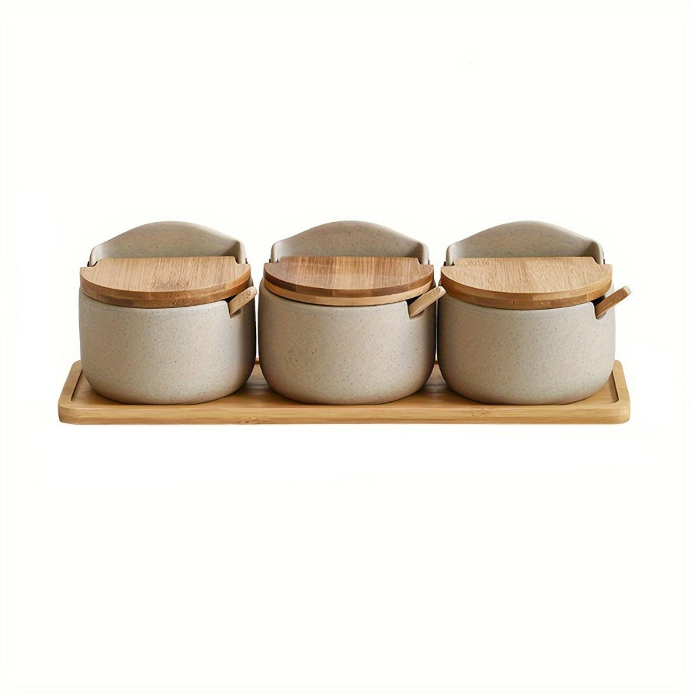 Ceramic Seasoning Pot Set with Lid & Spoon ¨C Salt Pepper Spice Jar Container with Tray Kitchen Condiment Storage Organizer for Counter Cooking Accessories Housewarming Gift