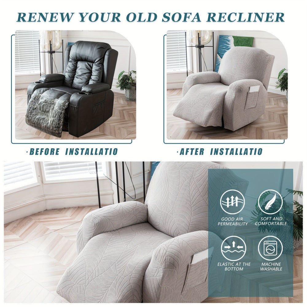 Recliner Chair Cover Slipcover 4-Piece Set ¨C Leaf Jacquard Stretch Furniture Protector with Storage Pocket, Non-Slip Recliner Sofa Cover for Living Room, Machine Washable, 6 Colors Available
