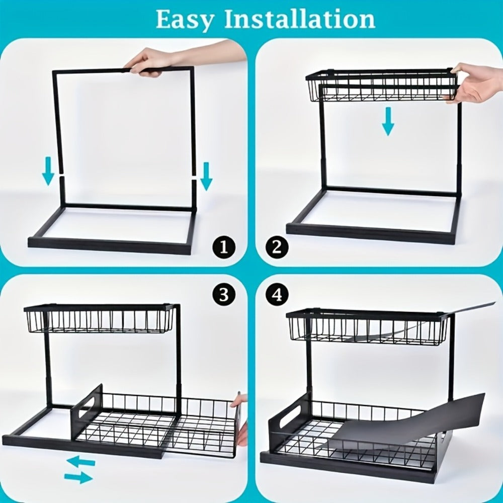 Under Sink Organizer Pull Out, 2-Tier Slide Out Cabinet Organizer with Adjustable Shelves, Under Sink Storage Rack for Kitchen Bathroom Cabinet Organization