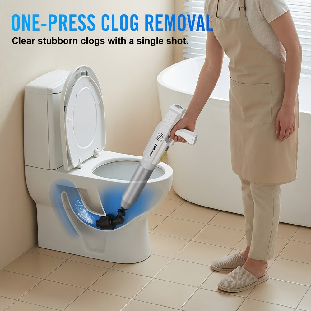 Electric Cordless Toilet Plunger 8V - High-Pressure Pneumatic Drain Opener with Real-Time Pressure Display, Professional Power Unclogger for Toilets Sinks Floor Drains, Mess-Free Reusable, White/Black