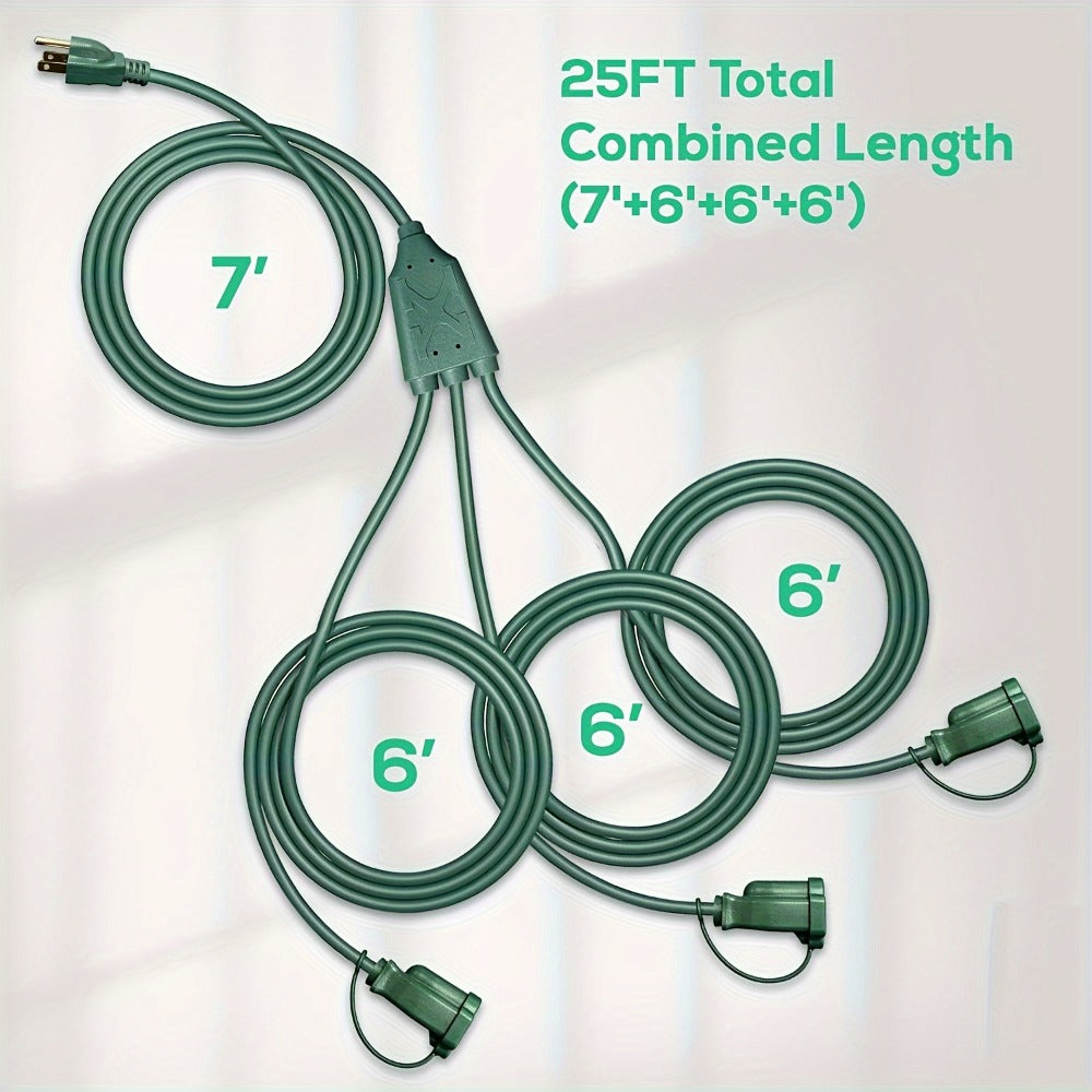 Extension Cord Splitter 1 to 3 Outlets 25FT 50FT 16/3 SJTW Pure Copper Core UV-Resistant PVC Jacket 3 Grounded Outlets for Holiday Decoration Christmas Lights Outdoor Indoor Patio Garden Black Green