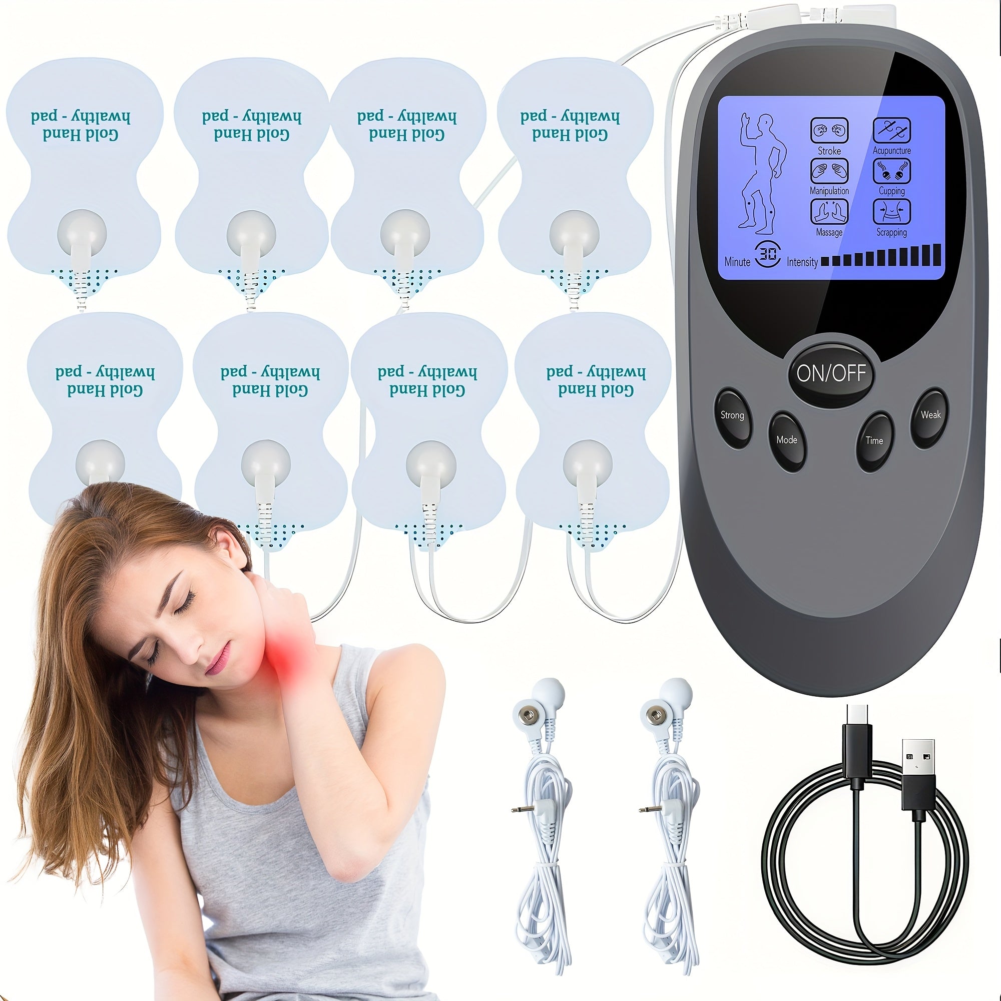 TENS EMS Dual Channel Muscle Stimulator Massager ¨C 8 Electrodes for Back, Shoulder & Knee Pain Relief, Muscle Recovery, Portable Electric Pulse Therapy Device