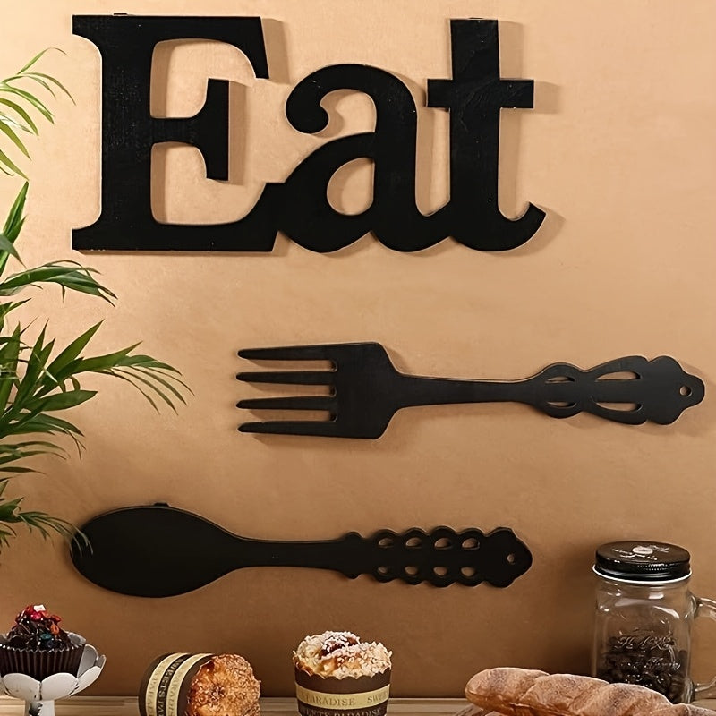 EAT Sign Wall Decor with Fork and Spoon | Rustic Wood Hanging Letters for Kitchen Dining Room | Country Farmhouse Wall Art Wooden EAT Decoration in Black