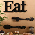 EAT Sign Wall Decor with Fork and Spoon | Rustic Wood Hanging Letters for Kitchen Dining Room | Country Farmhouse Wall Art Wooden EAT Decoration in Black