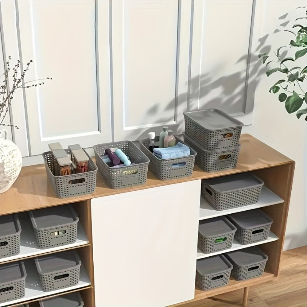 Storage Basket Set with Lids 8pcs ¨C Plastic Desktop Organizer Bins for Document Storage, Shelf Organization & Home Office ¨C Flip-Top Lid Baskets, White