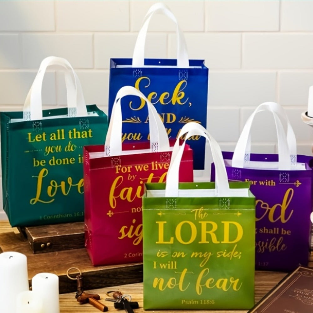 Bible Verse Gift Bags Bulk 32 or 64pcs | 8 Colors Reusable Christian Religious Gift Bags with Handles for Women | Medium Non-Woven Church Bags for Baptism, Wedding, Party Supplies, VBS, Faith Events