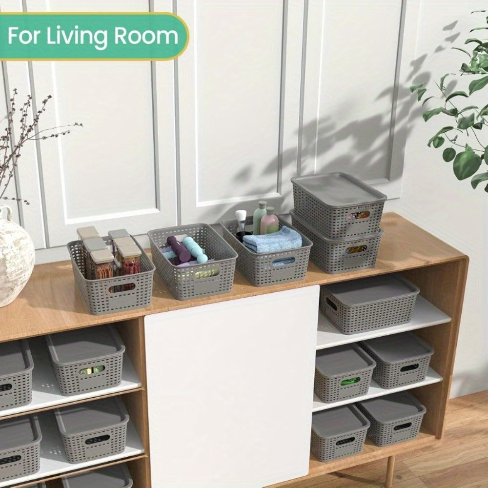 Storage Organizer Bins with Lids 4/8 Pack | Space-Saving Stackable Boxes 10¡±x7¡±x4¡± for Shelves, Closet & Desk - Declutter Bins for Dorm, Playroom & Office with File Organizer Bag, White Black Gray Red