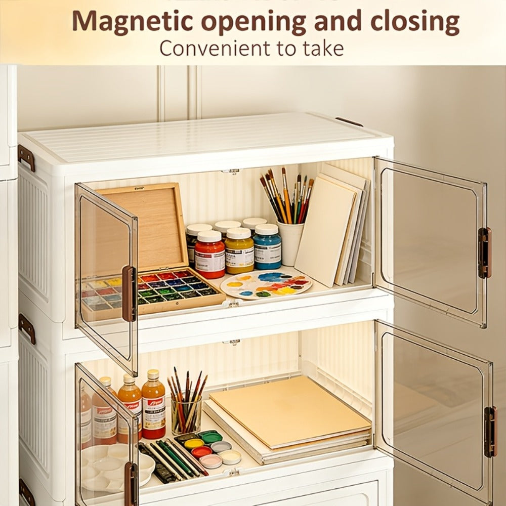 Stackable Storage Cabinet with Doors and Wheels | Collapsible Plastic Locker 1-5 Layers Large Capacity Home Organization for Bedroom Living Room Kitchen Easy Assembly Space Saving