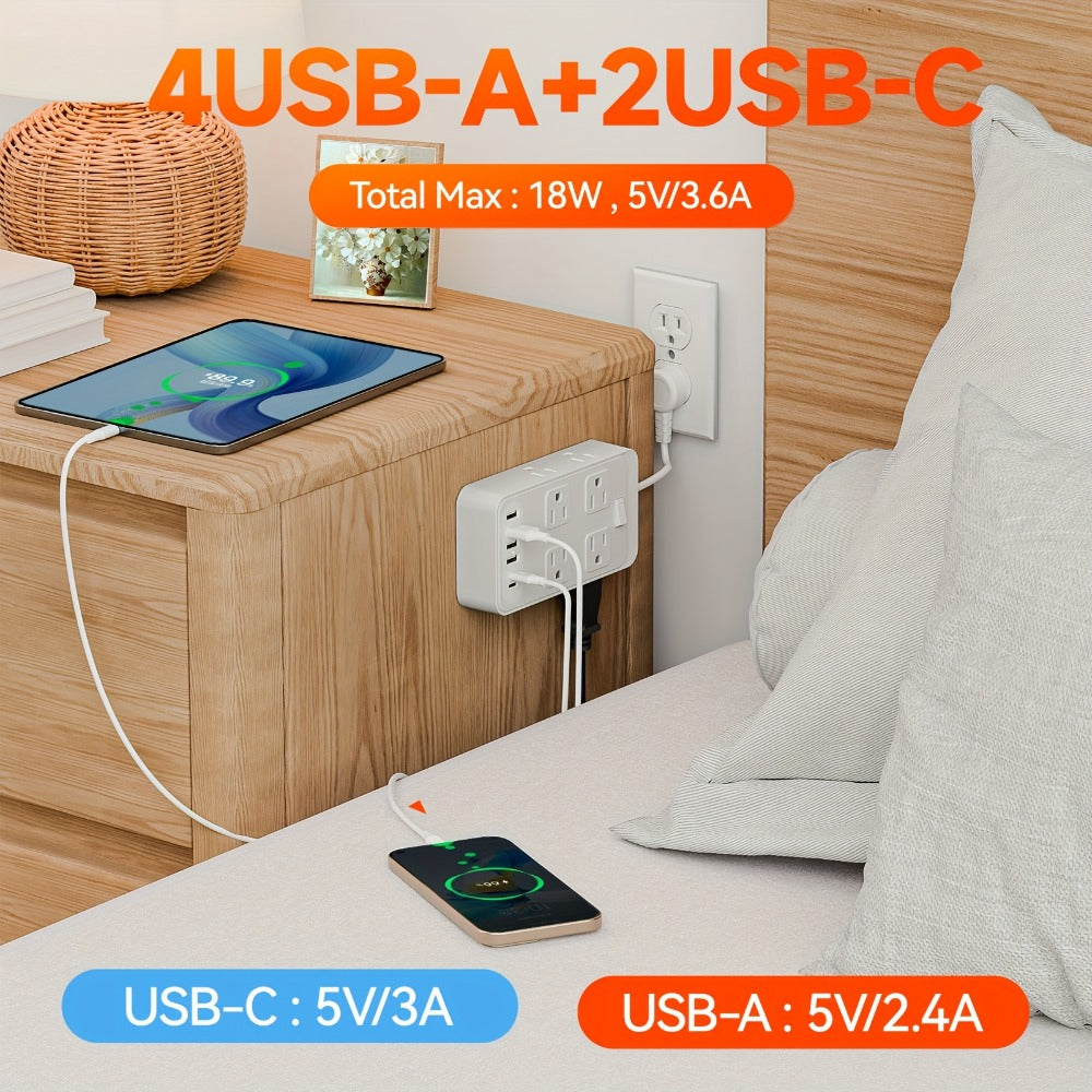 Power Strip Outlet Extender Surge Protector 8 AC Outlets 6 USB Charging Ports 4 USB-A 2 USB-C 3 Inch Short Cord Desk Charging Station for Home Dorm Office Travel White Black