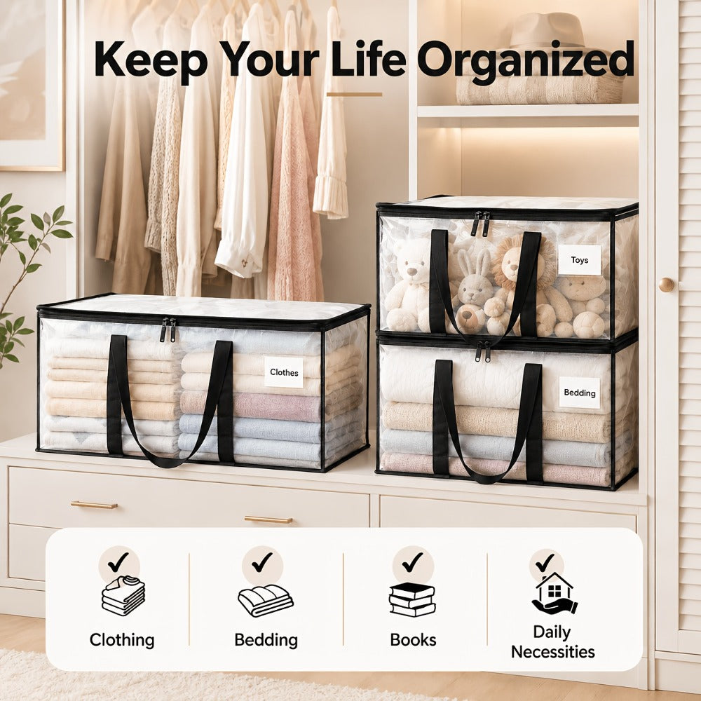 Heavy-Duty Moving Bags Set of 6 ¨C Oversized Storage Totes with Reinforced Handles & Snap-Close Lid, Space Saver Bags for Clothes, Quilts & Moving Supplies, Transparent