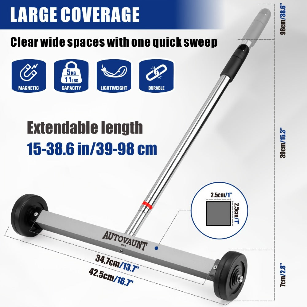 Rolling Magnetic Sweeper 17-Inch with Wheels ¨C Heavy Duty 8.8lb Capacity Telescoping Adjustable Handle 15¨C38 Inch Picks Up Screws Nails Nuts for Garage Workshop Construction