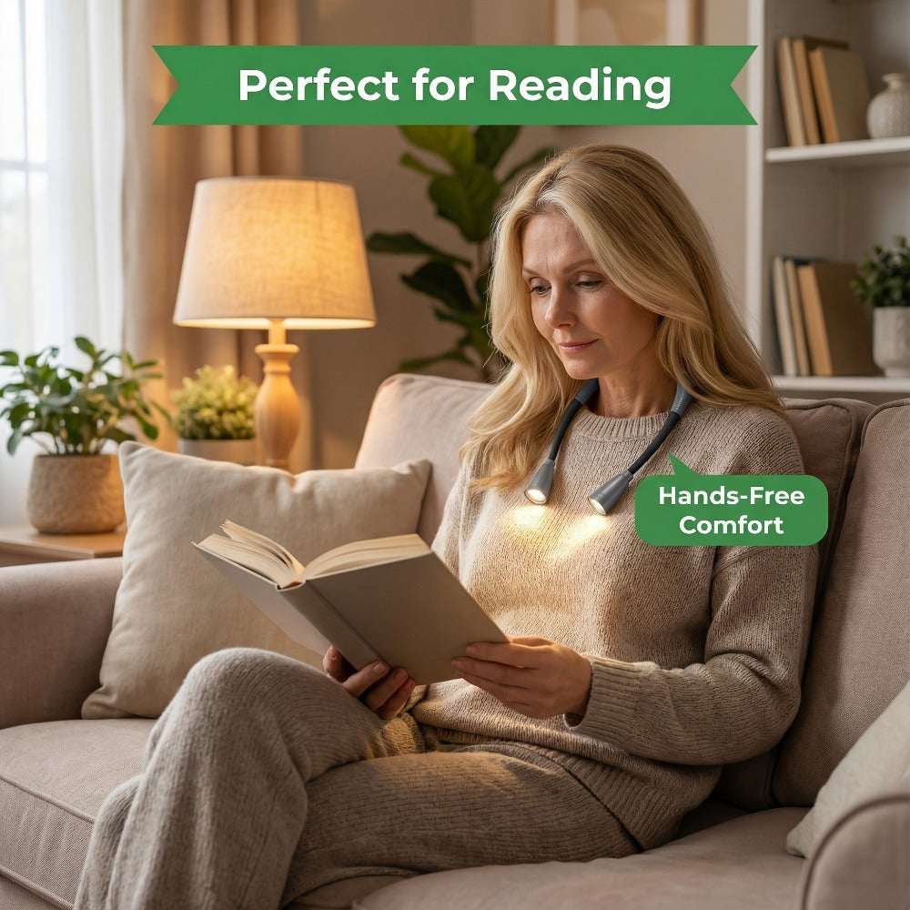 LED Neck Reading Light USB Rechargeable, 3 Color Modes Adjustable Brightness Hands-Free Book Light for Reading in Bed, Knitting, Crafts, Camping & Bedroom, Portable Wearable Neck Lamp