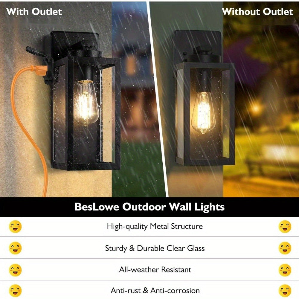 Outdoor Wall Light with Outlet 2-Pack - Modern Exterior Porch Wall Sconce Lighting Fixture for Front Door, Garage & Patio, Weather Resistant, Black & Oil-Rubbed Bronze Finish