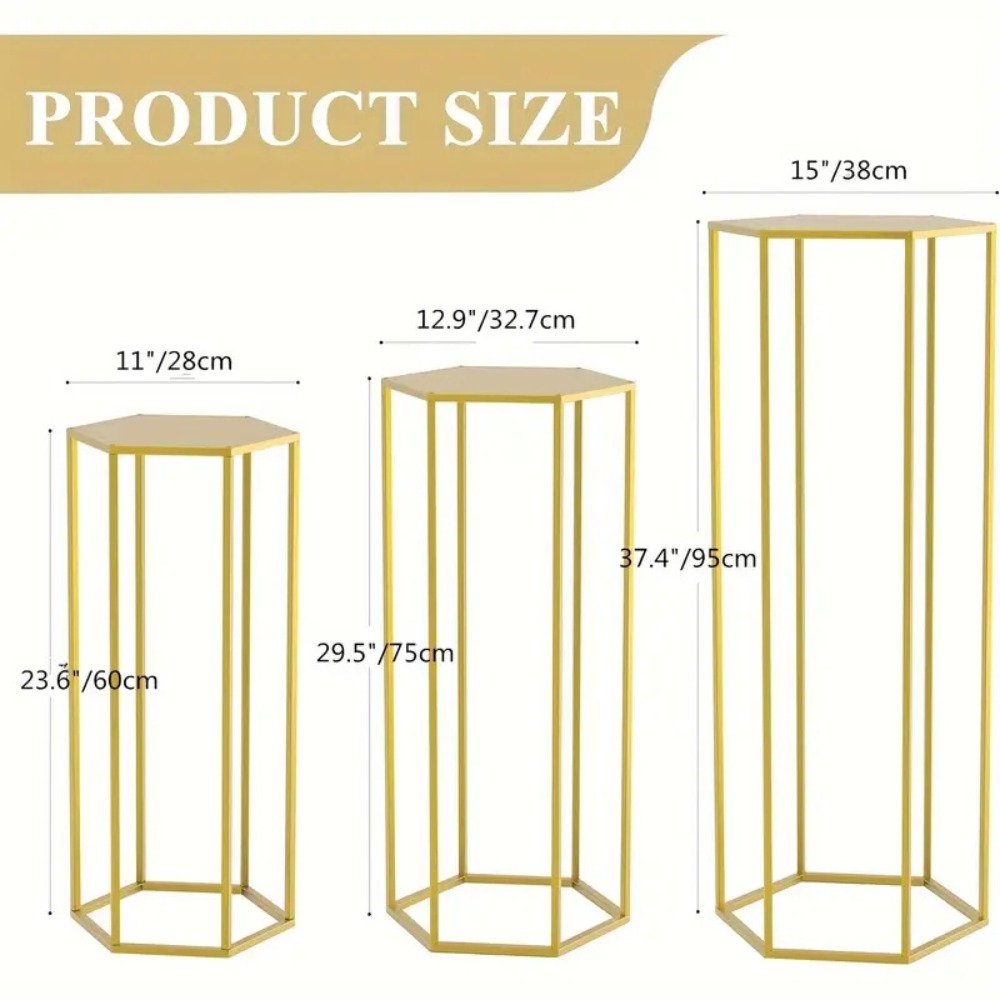 Golden Cake Stand & Pedestal Stand Set - Metal Cylinder Hexagon Display Stand for Wedding, Party & Home Decor