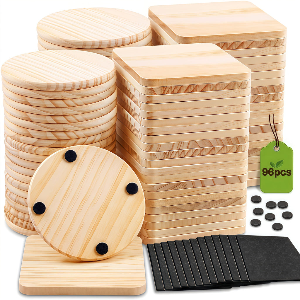 Unfinished Wood Coaster Blanks 4 Inch Round Square DIY Craft Supplies for Painting Engraving Burning with Non-Slip Felt Stickers Handmade Gift Home Decor Christmas Halloween Wedding