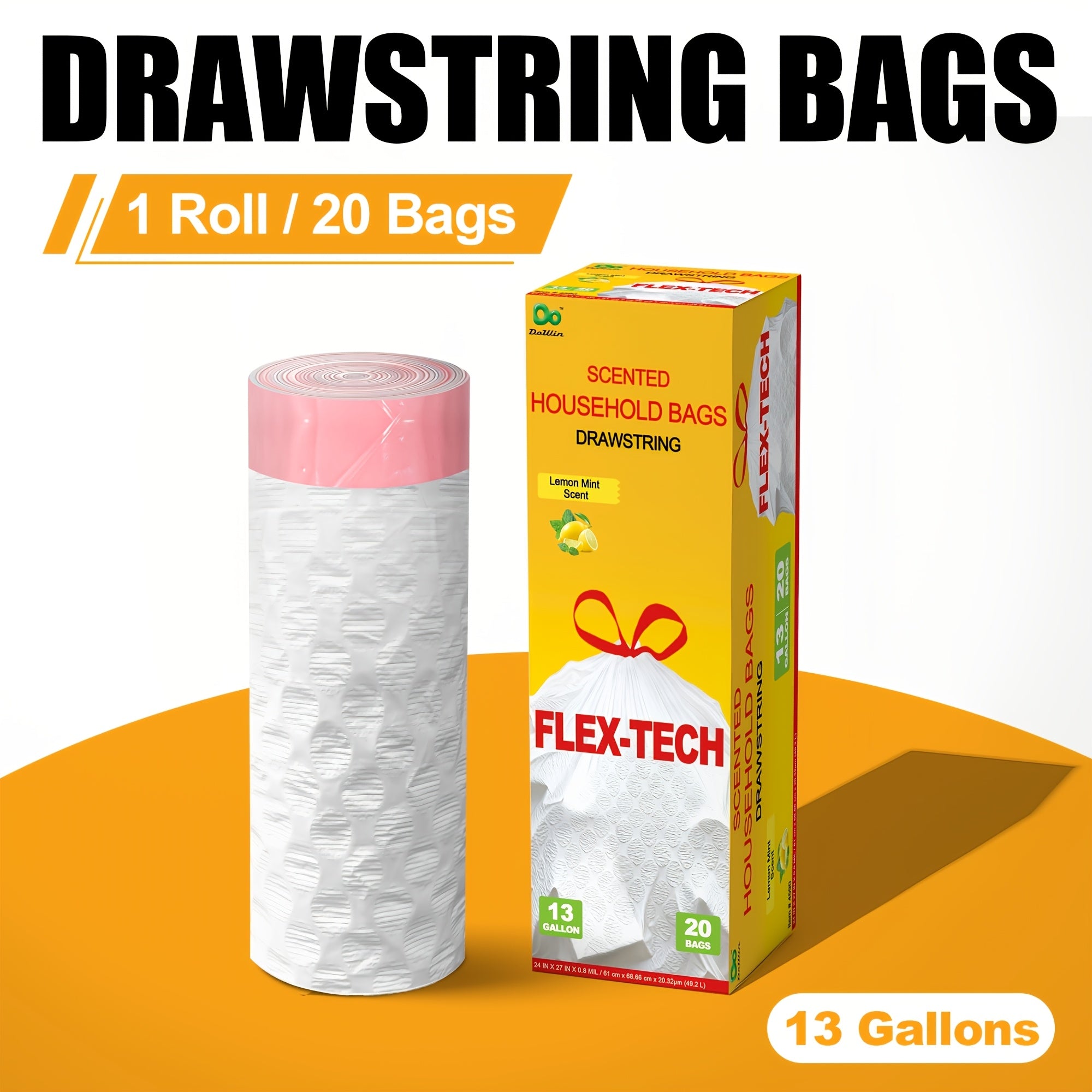 13 Gallon Trash Bags Drawstring Expandable Puncture Tear Resistant Leak-Proof Deodorizing Fresh Lemon Scent Super Durable Kitchen Garbage Bags for Kitchen Garden Large Trash Bins White 20 55 110 165 Count