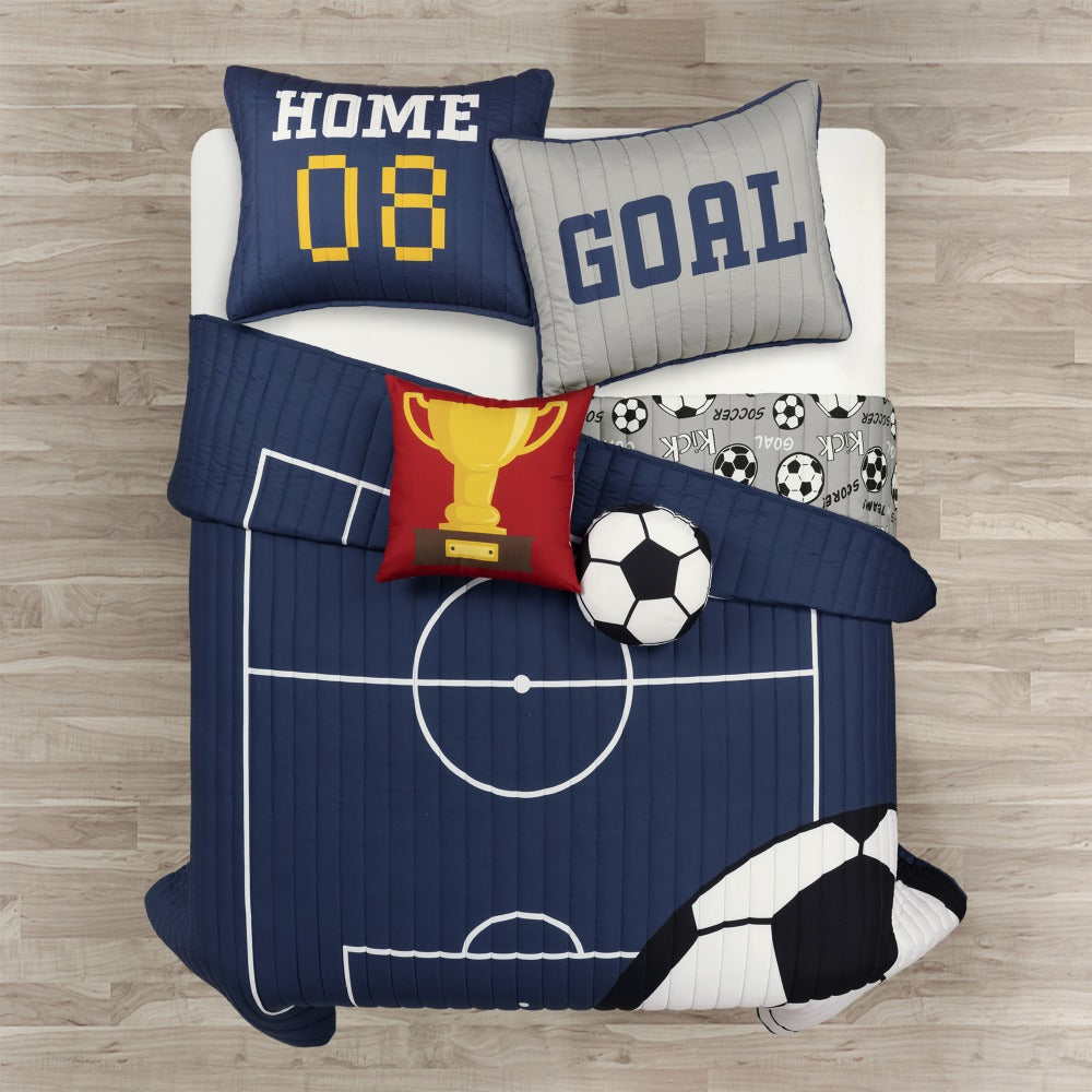 Kids Soccer Quilt Set 4 5 Piece Reversible Microfiber Bedspread Lightweight All Season Comforter with Pillow Shams Decorative Pillows Twin Full Queen