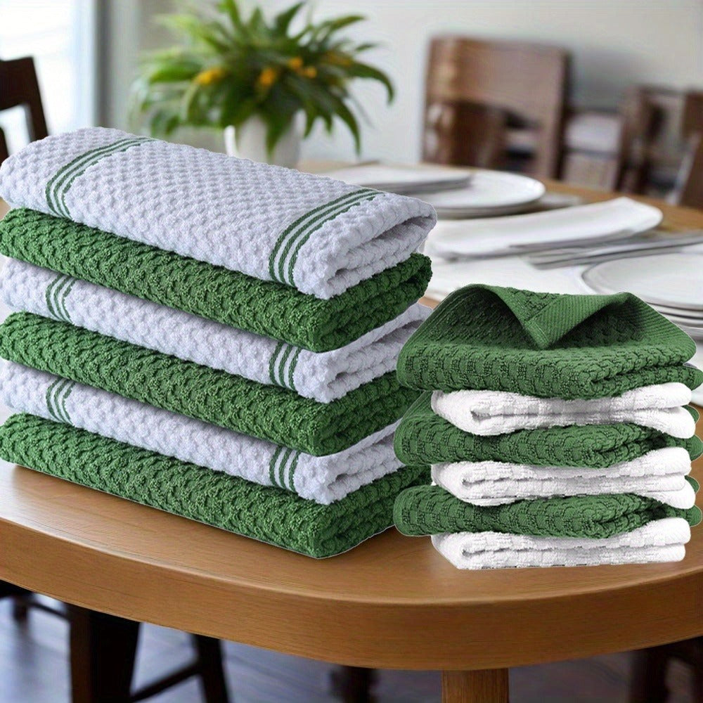 Cotton Kitchen Dish Towel Set 12pcs | 6 Hand Towels 15¡±x25¡± & 6 Wash Towels 12¡±x12¡± | Striped Weave Absorbent Durable Towels for Cooking Cleaning Drying