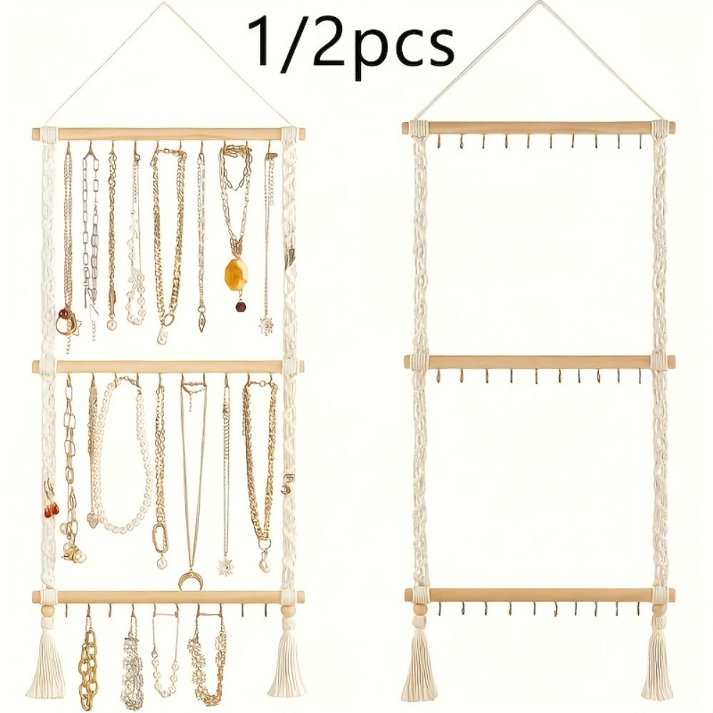 Boho Jewelry Organizer Wall Mount Hanging Rack Hand Woven Tassel Necklace Earring Bracelet Holder 30 Hooks Bedroom Decor Display Stand