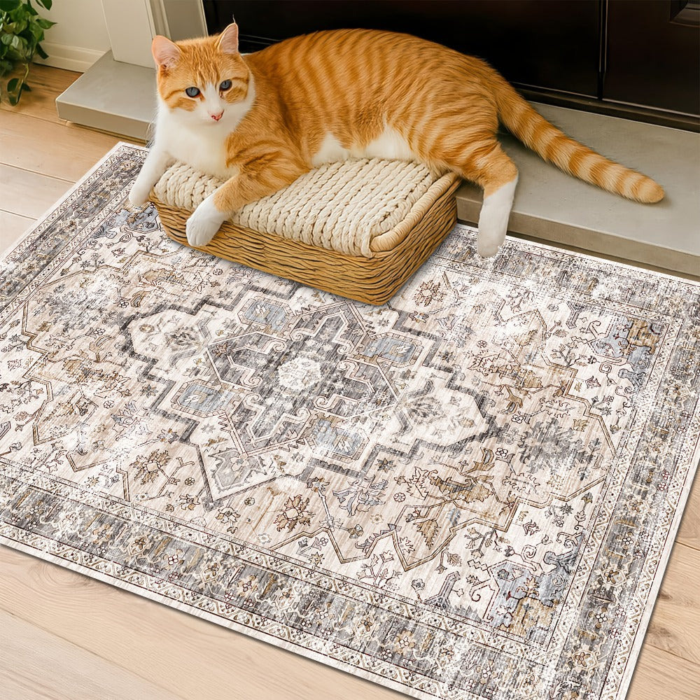 Bohemian Area Rug Ultra-Soft Non-Slip Washable Retro Foldable Carpet for Living Room Bedroom in Beige and Grey Multiple Sizes