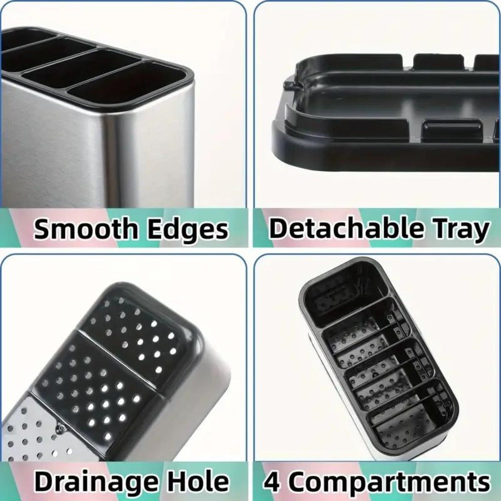 Utensil Holder Stainless Steel Cutlery Organizer 4-Compartment Countertop Caddy Anti-Slip Drain Holes for Kitchen Forks Knives Spoons Chopsticks