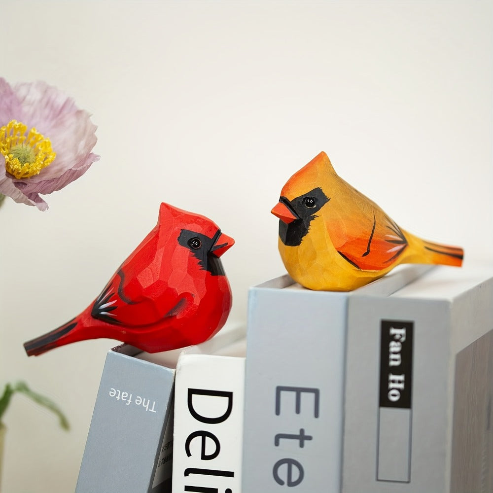 Cardinal Bird Statues Handmade Wood Carving 2pcs - Painted Decorative Bird Figurines for Home Decor Shelf Garden - Best Gift for Bird Lovers Birthday Christmas Family Friends