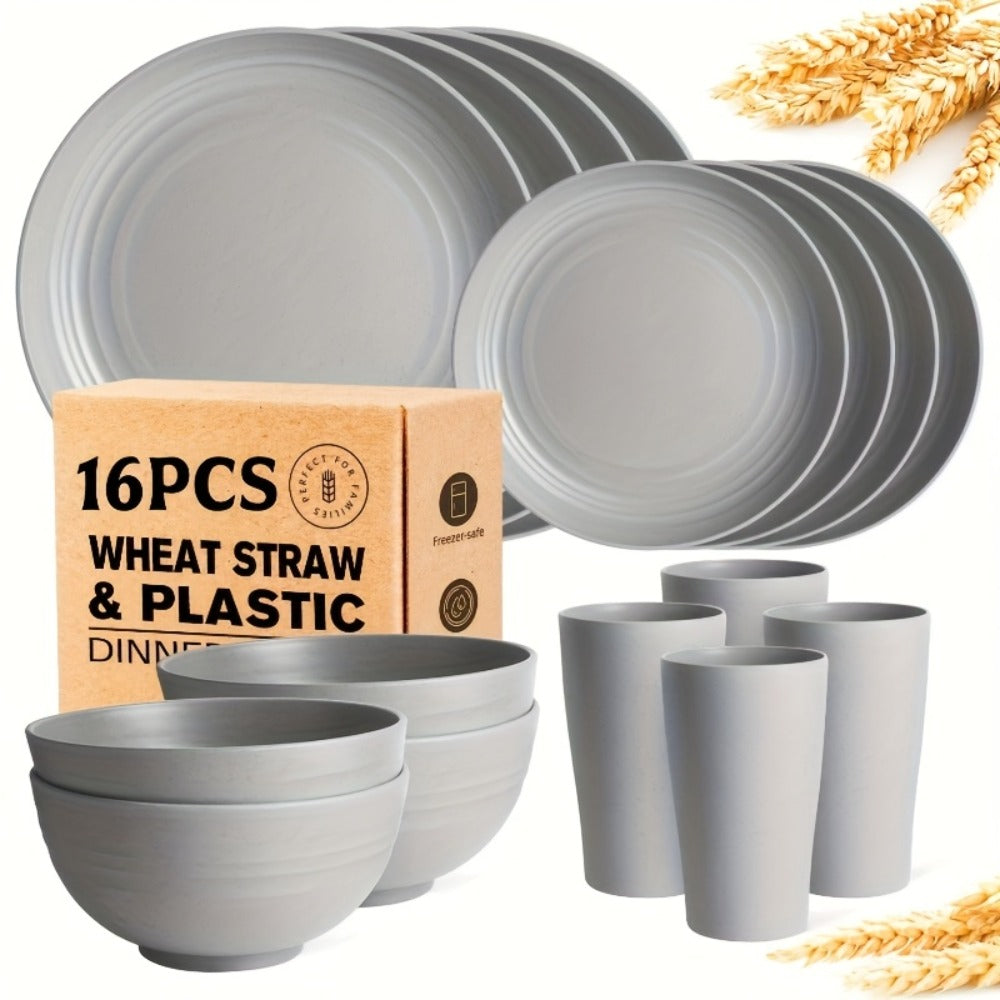 Wheat Straw Dinnerware Set 16 or 32 Piece ¨C Plates & Bowls for 4 or 8 People, Microwave & Dishwasher Safe Plastic Dish Set, Lightweight Colorful Tableware for Home, Party & Holiday