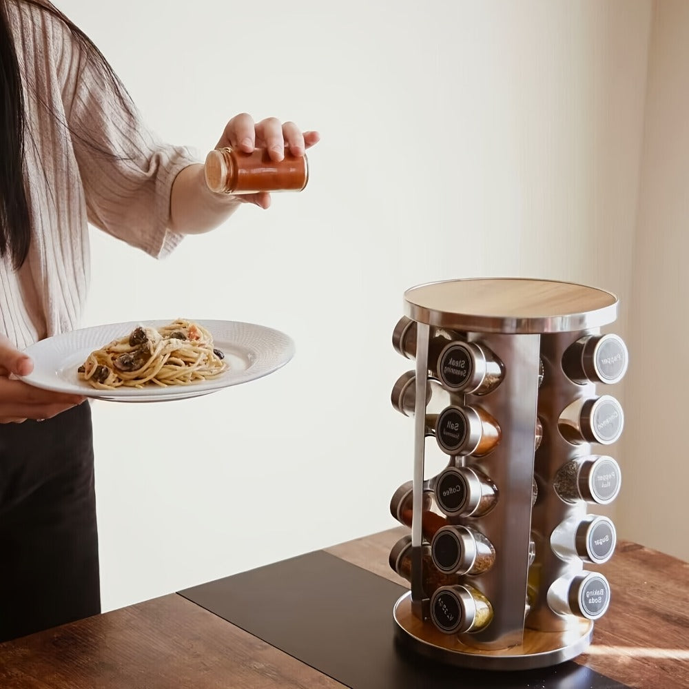Rotating Spice Rack with 20 Glass Jars 360-Degree Revolving Stainless Steel Spice Tower Organizer for Kitchen Countertop Cabinet with 386 Labels for Herbs Spices Condiments