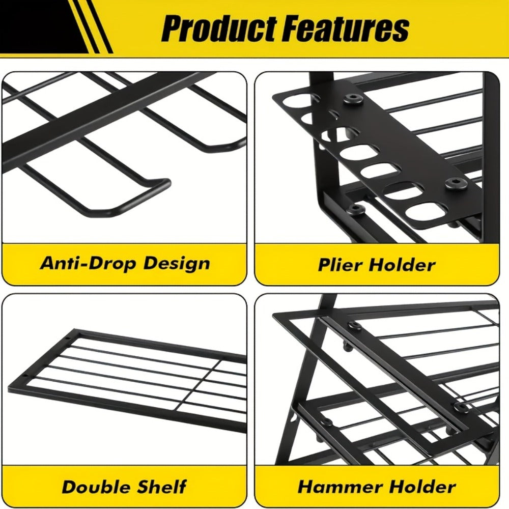 Wall Tool Storage Rack Heavy Duty Metal Organizer - 4 Layer Cordless Drill Holder Clamp Bracket Workbench Wall Mount Space Saving Workshop Garage Storage