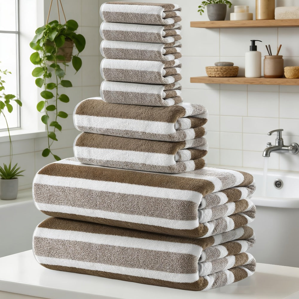 Coral Fleece Towel Set 9 or 15 Piece No Hair Loss 320GSM - Super Soft Absorbent Two-Color Striped | 2 Bath 2 Face 5 Hand Towels | Gray Brown Red Green Blue Mixed | Bathroom Beach Essentials