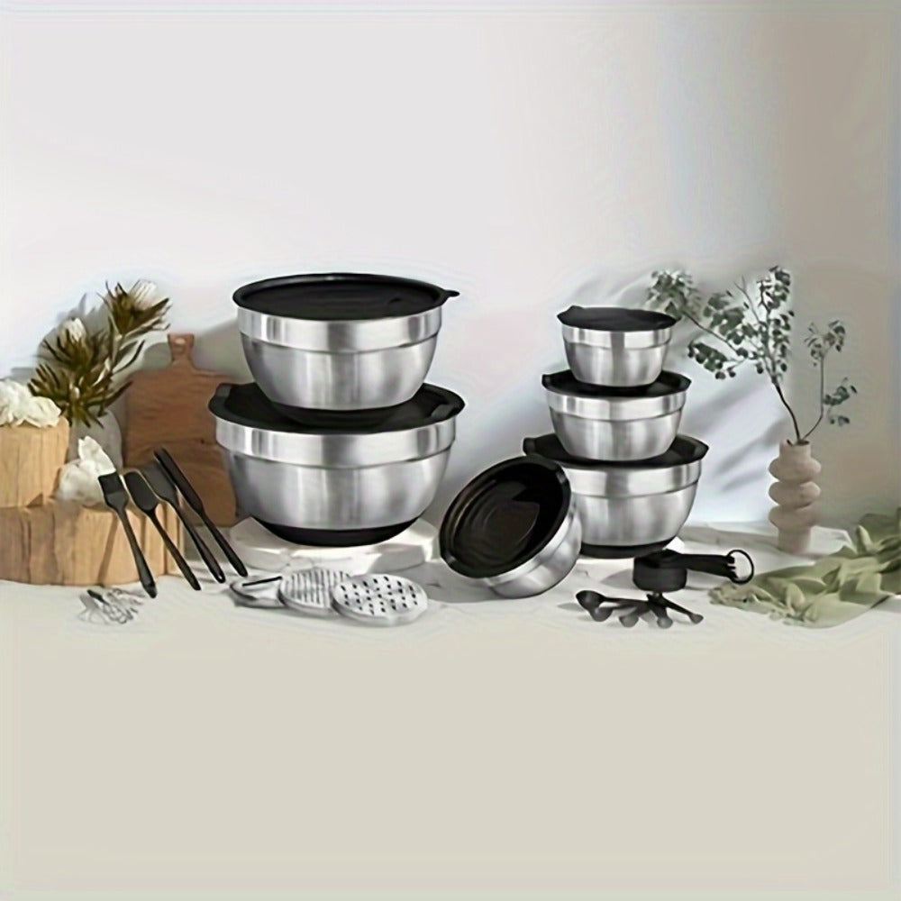 Stainless Steel Mixing Bowls with Airtight Lids 26pcs Set, 3 Grater Attachments, Non-Slip Bottoms, 7Qt 4Qt 2.5Qt 2Qt 1.5Qt 1Qt, Nesting Bowls for Mixing Serving Salad Baking