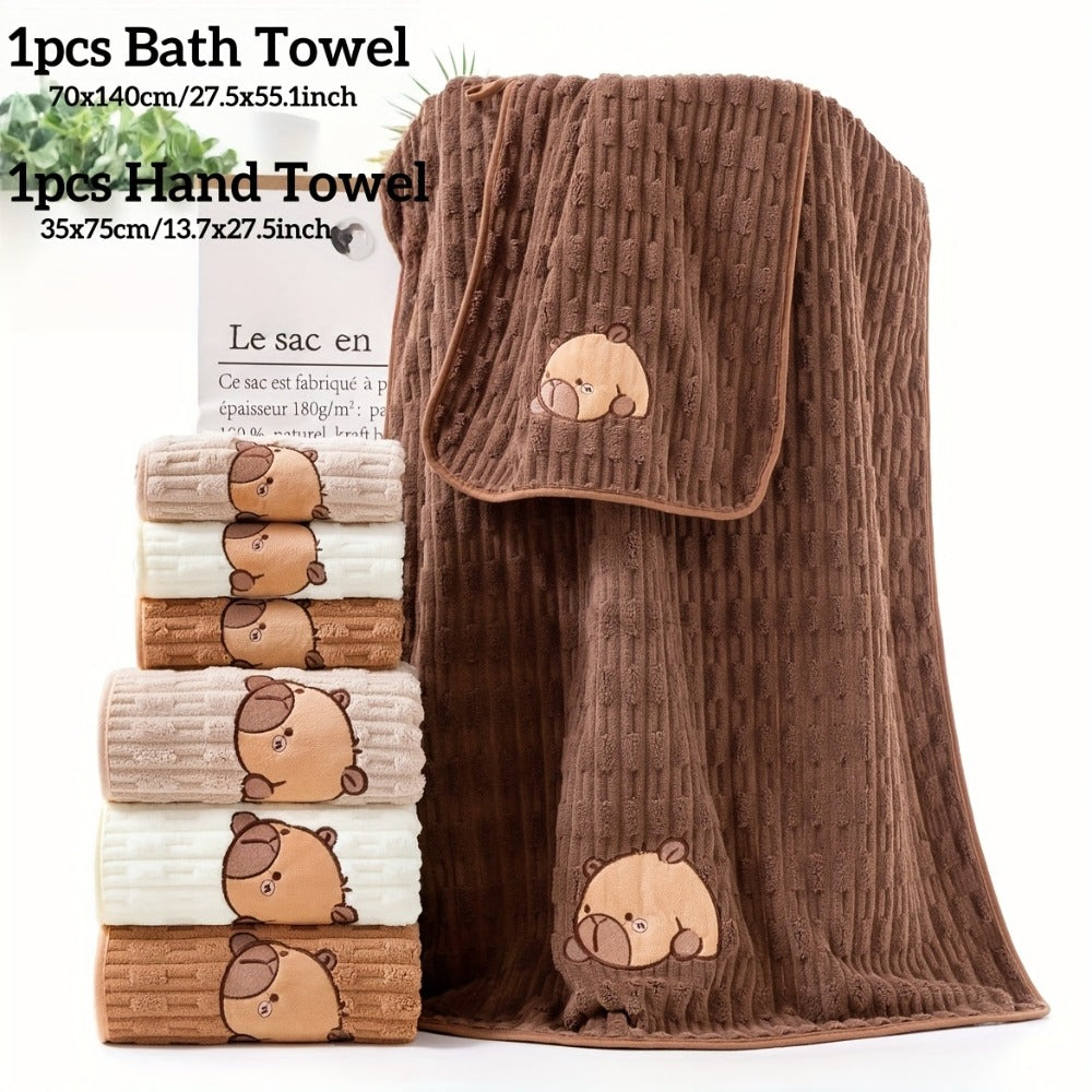 Bath Towel Set 2 Piece Cute Capybara Coral Fleece Super Soft Ultra Absorbent Quick Dry Face Towel and Bath Sheet for Spa Gym Hotel Guest Bathroom